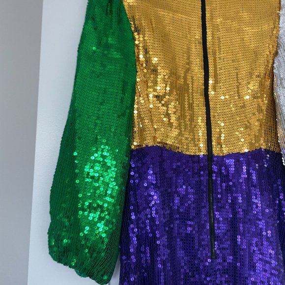 Alice + Olivia Blaze Colorblock Sequin Mini Dress Puff Sleeve Wrap Fit and Flare - Picture 10 of 12